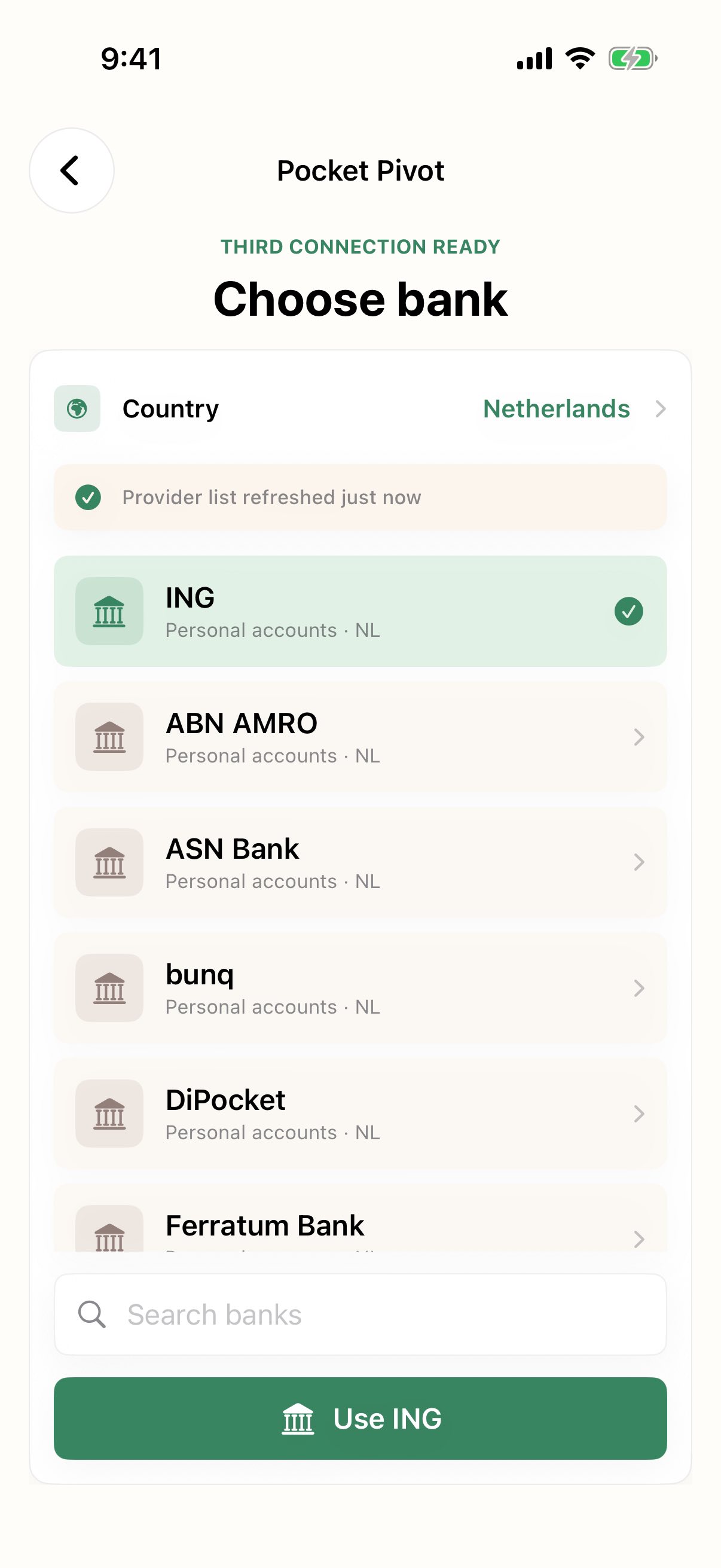 The Pocket Pivot bank picker, listing banks available in the Netherlands.